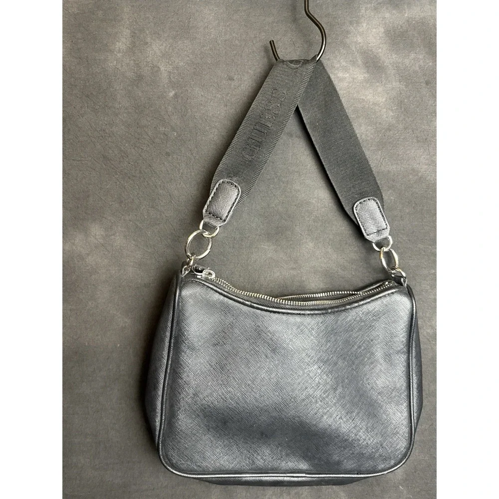 GUESS Y2K Black Saffiano Shoulder Bag Silver Triangle Logo Hobo Purse Minimalist